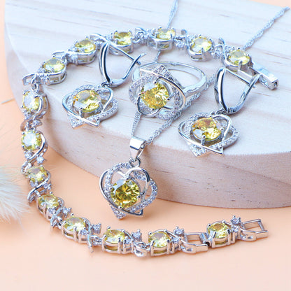 Royal Heart-Shaped Silver Hand - Crafted Gemstone Pendant Earring Bracelet & Ring Set For Women