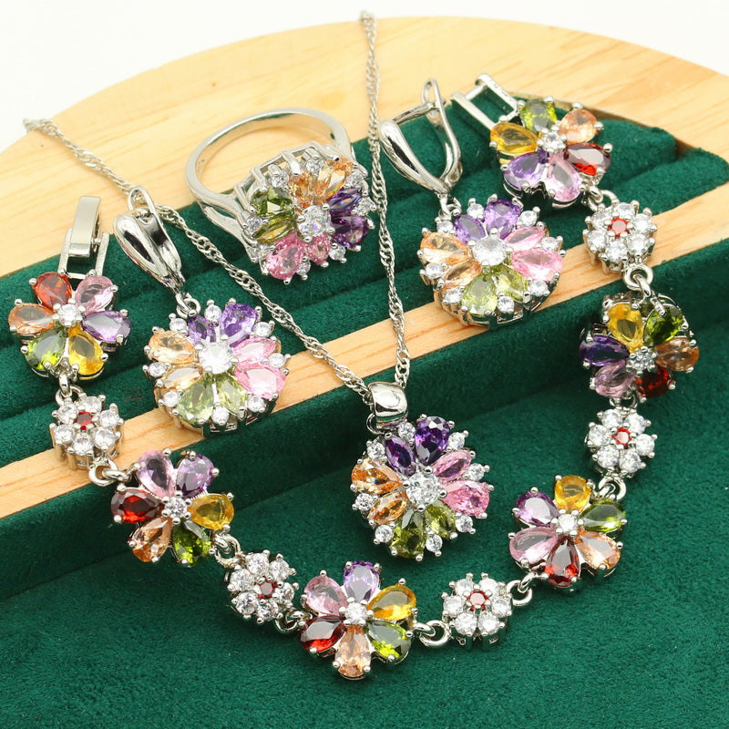 Garden of Jewels - Gold & Silver Hand - Crafted Pendant Earring Bracelet & Ring Set For Women