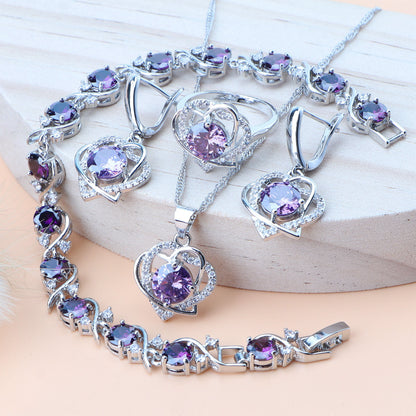 Royal Heart-Shaped Silver Hand - Crafted Gemstone Pendant Earring Bracelet & Ring Set For Women