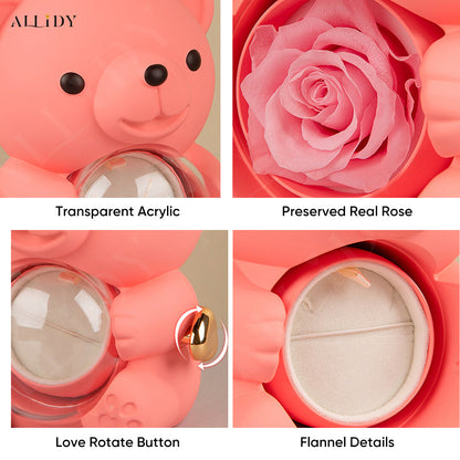 Truly Preserved Eternal Rose Bear Box & Customized Necklace for Mom, Wife, Girlfriend and Grandma on ValentinesDay, Mothers Day