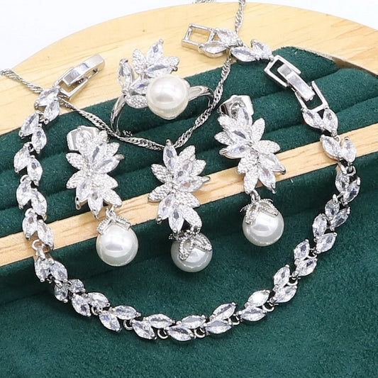 Crystal Leaf Silver Pearl Pendant Earring Bracelet & Ring Set For Women