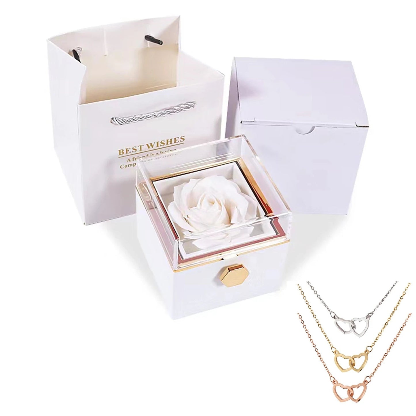Truly Custom Name Hearts Necklace Eternal Rose Gift Box Rotate for Her on Birthday, Christmas, Mother's Day, Valentine's Day