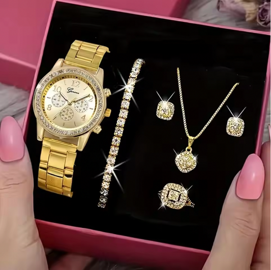 Emily Rhinestone Fashion Gold Set - Women Luxury Earrings Bracelet Necklace Ring Wristwatch Female Set