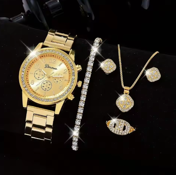 Emily Rhinestone Fashion Gold Set - Women Luxury Earrings Bracelet Necklace Ring Wristwatch Female Set