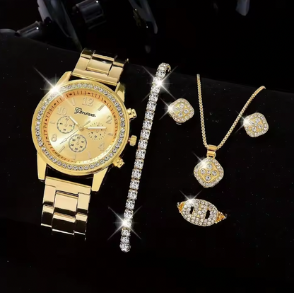 Emily Rhinestone Fashion Gold Set - Women Luxury Earrings Bracelet Necklace Ring Wristwatch Female Set
