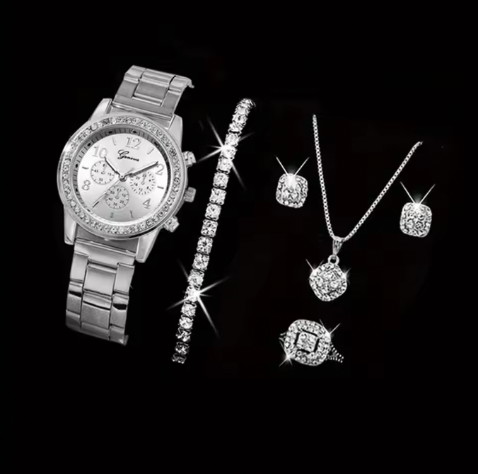 Emily Rhinestone Fashion Gold Set - Women Luxury Earrings Bracelet Necklace Ring Wristwatch Female Set