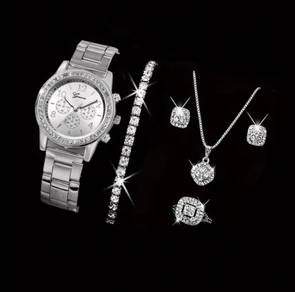 Emily Rhinestone Fashion Gold Set - Women Luxury Earrings Bracelet Necklace Ring Wristwatch Female Set