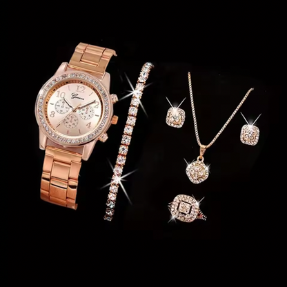 Emily Rhinestone Fashion Gold Set - Women Luxury Earrings Bracelet Necklace Ring Wristwatch Female Set