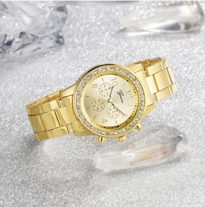 Emily Rhinestone Fashion Gold Set - Women Luxury Earrings Bracelet Necklace Ring Wristwatch Female Set
