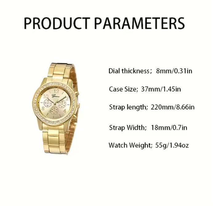 Emily Rhinestone Fashion Gold Set - Women Luxury Earrings Bracelet Necklace Ring Wristwatch Female Set