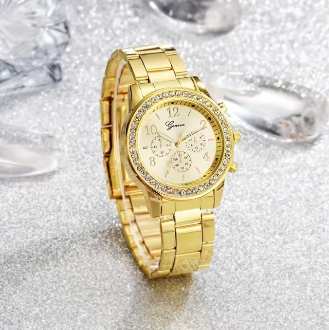 Emily Rhinestone Fashion Gold Set - Women Luxury Earrings Bracelet Necklace Ring Wristwatch Female Set