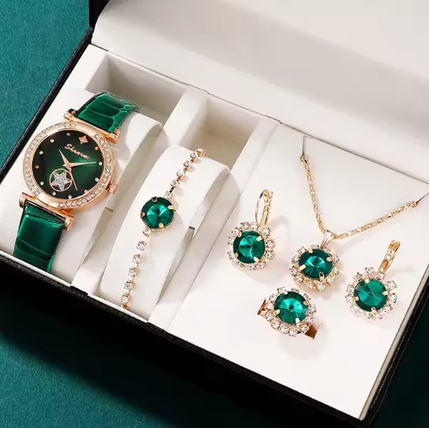 Leise Rhinestone FashionSet - 6PCS Set Luxury Quartz Watch Women Ring Necklace Earring Bracelets For Women