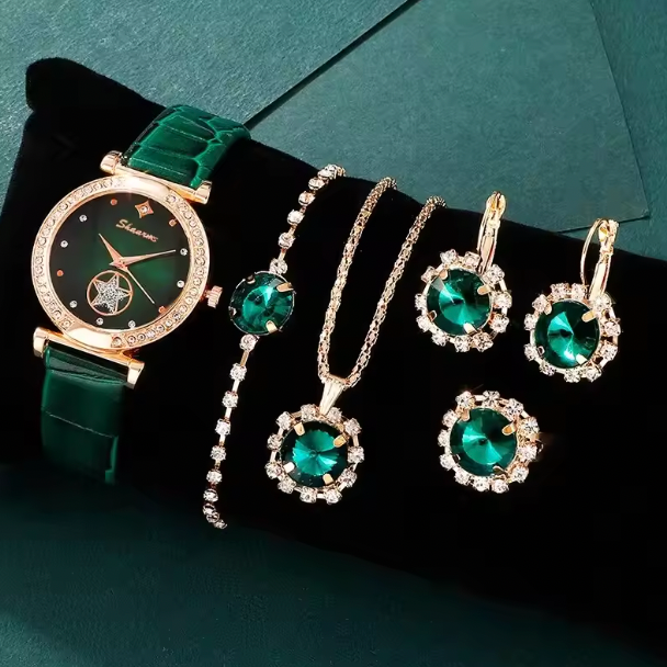 Leise Rhinestone FashionSet - 6PCS Set Luxury Quartz Watch Women Ring Necklace Earring Bracelets For Women