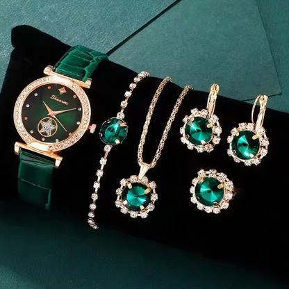 Leise Rhinestone FashionSet - 6PCS Set Luxury Quartz Watch Women Ring Necklace Earring Bracelets For Women