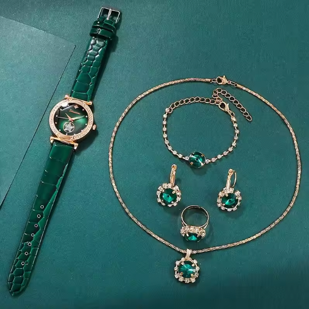 Leise Rhinestone FashionSet - 6PCS Set Luxury Quartz Watch Women Ring Necklace Earring Bracelets For Women