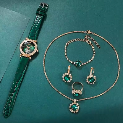 Leise Rhinestone FashionSet - 6PCS Set Luxury Quartz Watch Women Ring Necklace Earring Bracelets For Women
