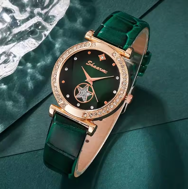 Leise Rhinestone FashionSet - 6PCS Set Luxury Quartz Watch Women Ring Necklace Earring Bracelets For Women