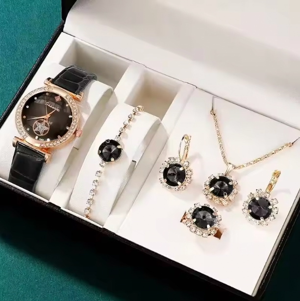 Leise Rhinestone FashionSet - 6PCS Set Luxury Quartz Watch Women Ring Necklace Earring Bracelets For Women