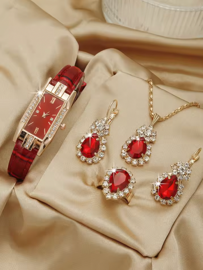 Alisa Luxury Set - Fashion Women Rectangle Watches Ladies Business Green Leather Quartz Watch Womens Necklace Earrings Bracelet Wristwatch