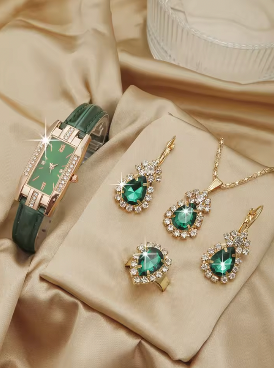 Alisa Luxury Set - Fashion Women Rectangle Watches Ladies Business Green Leather Quartz Watch Womens Necklace Earrings Bracelet Wristwatch