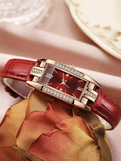 Alisa Luxury Set - Fashion Women Rectangle Watches Ladies Business Green Leather Quartz Watch Womens Necklace Earrings Bracelet Wristwatch