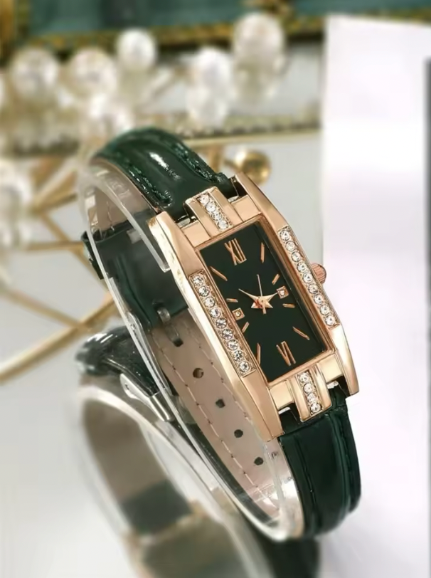Alisa Luxury Set - Fashion Women Rectangle Watches Ladies Business Green Leather Quartz Watch Womens Necklace Earrings Bracelet Wristwatch