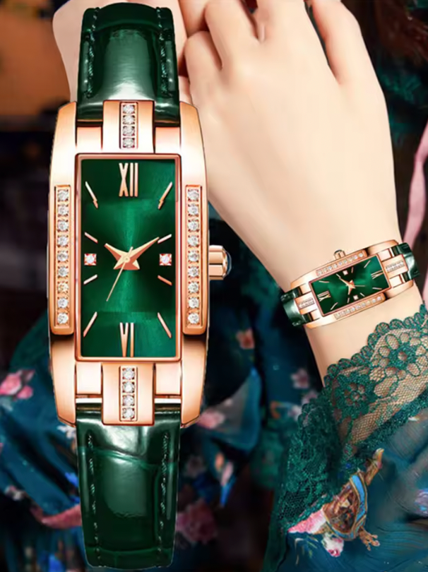 Alisa Luxury Set - Fashion Women Rectangle Watches Ladies Business Green Leather Quartz Watch Womens Necklace Earrings Bracelet Wristwatch