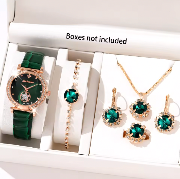 Elenora 6PCS Luxury Set - Green Luxury Quartz Watch Women Ring Necklace Earring Rhinestone Fashion Wristwatch Casual Ladies Bracelet Watches