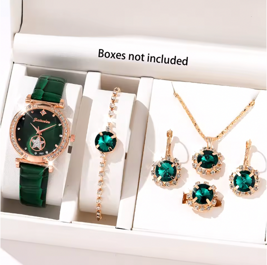 Elenora 6PCS Luxury Set - Green Luxury Quartz Watch Women Ring Necklace Earring Rhinestone Fashion Wristwatch Casual Ladies Bracelet Watches