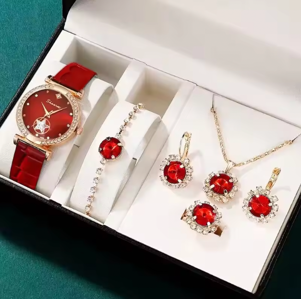 Elenora 6PCS Luxury Set - Green Luxury Quartz Watch Women Ring Necklace Earring Rhinestone Fashion Wristwatch Casual Ladies Bracelet Watches