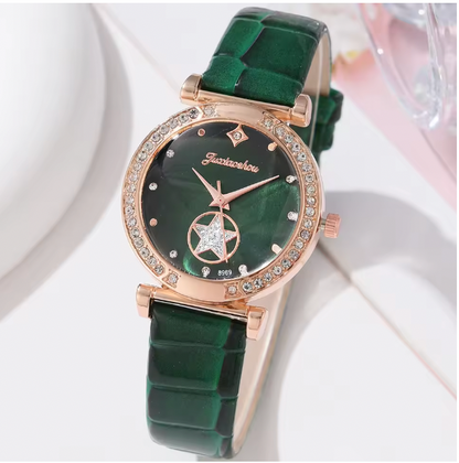 Elenora 6PCS Luxury Set - Green Luxury Quartz Watch Women Ring Necklace Earring Rhinestone Fashion Wristwatch Casual Ladies Bracelet Watches