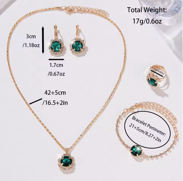 Elenora 6PCS Luxury Set - Green Luxury Quartz Watch Women Ring Necklace Earring Rhinestone Fashion Wristwatch Casual Ladies Bracelet Watches