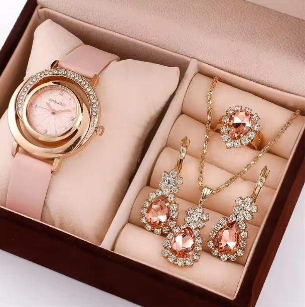 Lottie 5PCS Luxury Set - Watch Women Ring Necklace Earring Rhinestone Fashion Wristwatch Casual Ladies Watches Set Clock