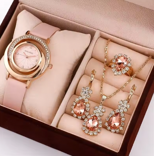 Lottie 5PCS Luxury Set - Watch Women Ring Necklace Earring Rhinestone Fashion Wristwatch Casual Ladies Watches Set Clock