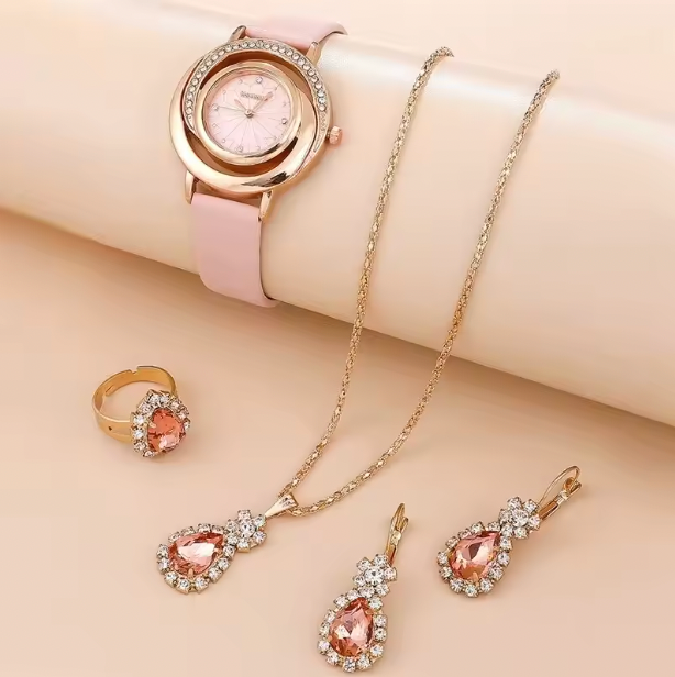 Lottie 5PCS Luxury Set - Watch Women Ring Necklace Earring Rhinestone Fashion Wristwatch Casual Ladies Watches Set Clock