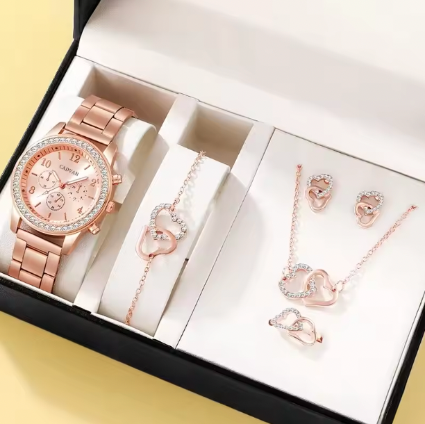 Carrie Luxury Set -  Rose Gold Luxury Watch Women Ring Necklace Earring Rhinestone Fashion Wristwatch Casual Ladies Bracelet Watches
