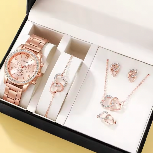 Carrie Luxury Set -  Rose Gold Luxury Watch Women Ring Necklace Earring Rhinestone Fashion Wristwatch Casual Ladies Bracelet Watches