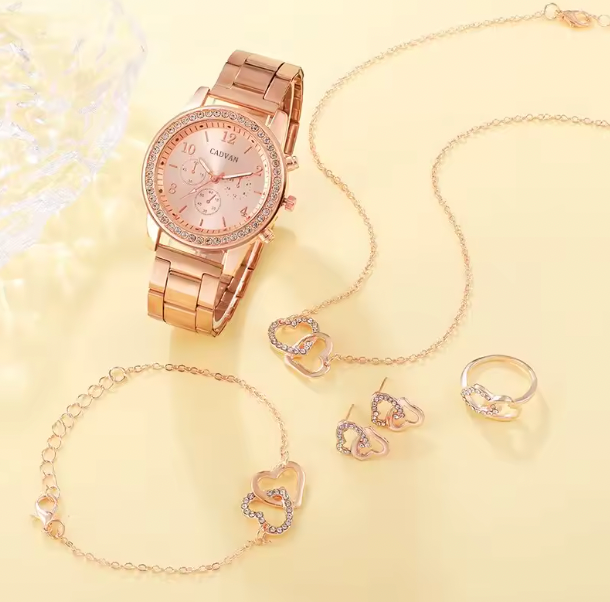 Carrie Luxury Set -  Rose Gold Luxury Watch Women Ring Necklace Earring Rhinestone Fashion Wristwatch Casual Ladies Bracelet Watches