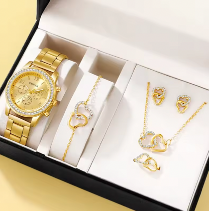 Carrie Luxury Set -  Rose Gold Luxury Watch Women Ring Necklace Earring Rhinestone Fashion Wristwatch Casual Ladies Bracelet Watches