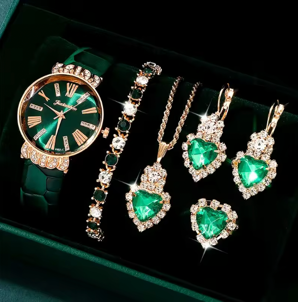 Effie Luxury Set - Watches Peach Heart Green Leather Strap Ladies Quartz WristWatch Montre Femme