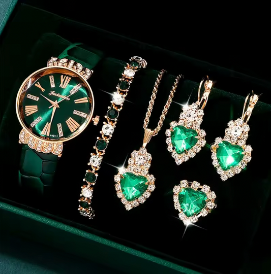Effie Luxury Set - Watches Peach Heart Green Leather Strap Ladies Quartz WristWatch Montre Femme