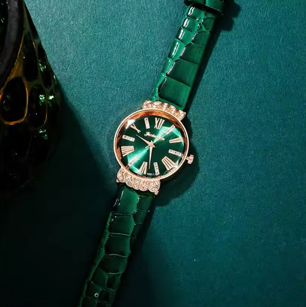 Effie Luxury Set - Watches Peach Heart Green Leather Strap Ladies Quartz WristWatch Montre Femme