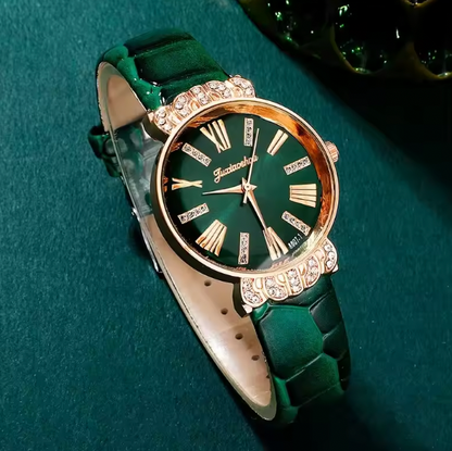 Effie Luxury Set - Watches Peach Heart Green Leather Strap Ladies Quartz WristWatch Montre Femme
