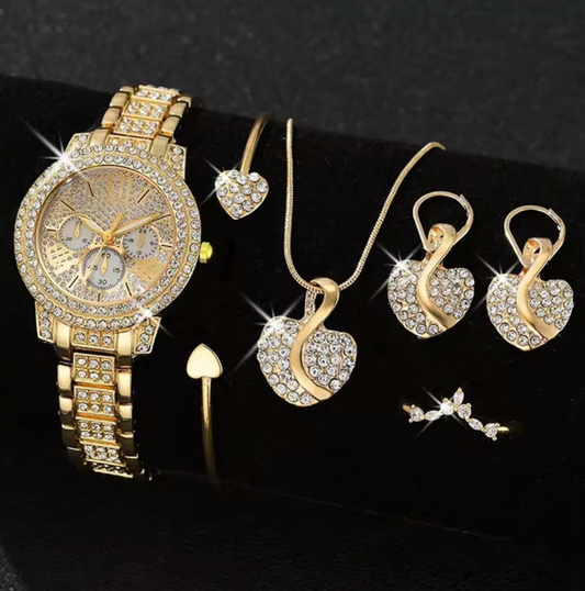Kelly Luxury Set - Quartz Watch Gold Luxury Women Ring Necklace Earring Rhinestone Fashion Wristwatch Casual Ladies Watches Jewelry Set