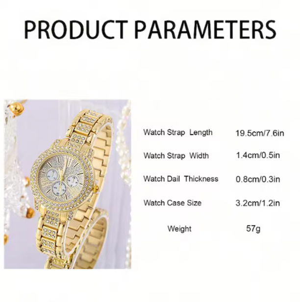 Kelly Luxury Set - Quartz Watch Gold Luxury Women Ring Necklace Earring Rhinestone Fashion Wristwatch Casual Ladies Watches Jewelry Set