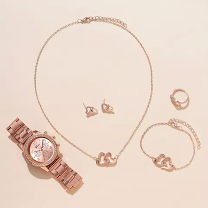 Roxanne Luxury Set - Women's Watch Fashion Rhinestone Stainless Steel Band Quartz Watch Double Heart Jewelry Set(Without Box)