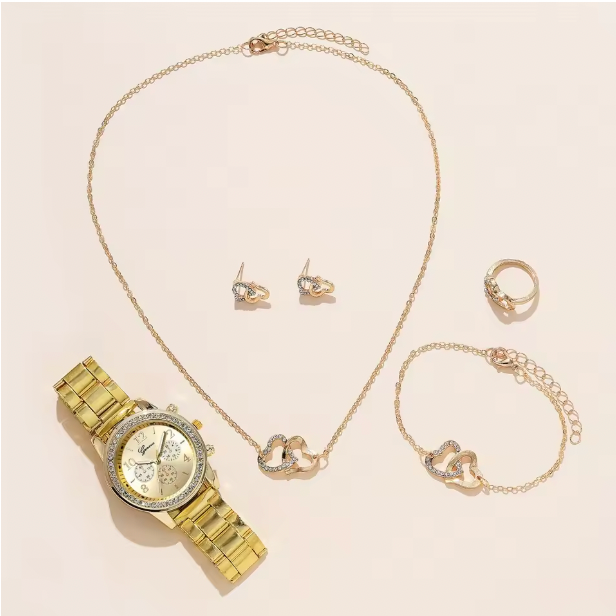 Roxanne Luxury Set - Women's Watch Fashion Rhinestone Stainless Steel Band Quartz Watch Double Heart Jewelry Set(Without Box)