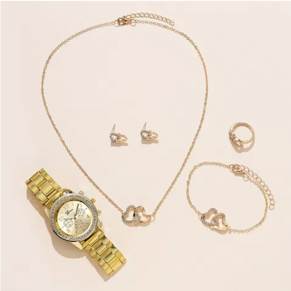 Roxanne Luxury Set - Women's Watch Fashion Rhinestone Stainless Steel Band Quartz Watch Double Heart Jewelry Set(Without Box)