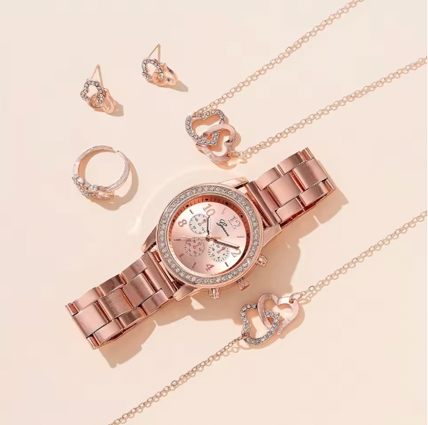 Roxanne Luxury Set - Women's Watch Fashion Rhinestone Stainless Steel Band Quartz Watch Double Heart Jewelry Set(Without Box)