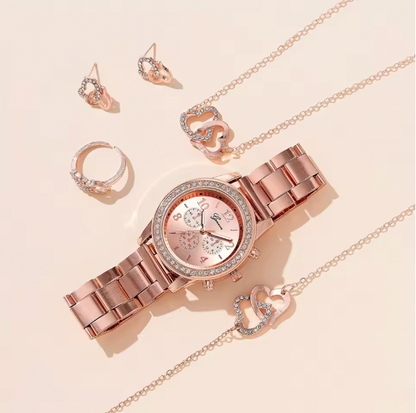 Roxanne Luxury Set - Women's Watch Fashion Rhinestone Stainless Steel Band Quartz Watch Double Heart Jewelry Set(Without Box)